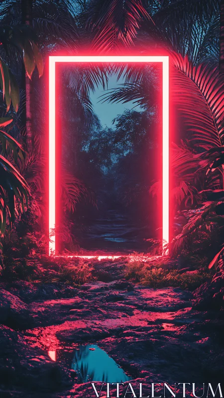 Neon portal glows in a mysterious jungle path at twilight