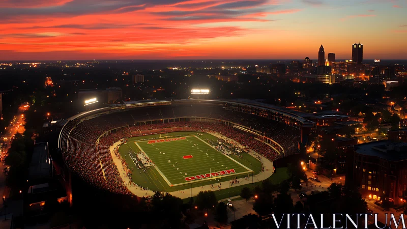 Firelit football coliseum glowing beneath a molten sunset.