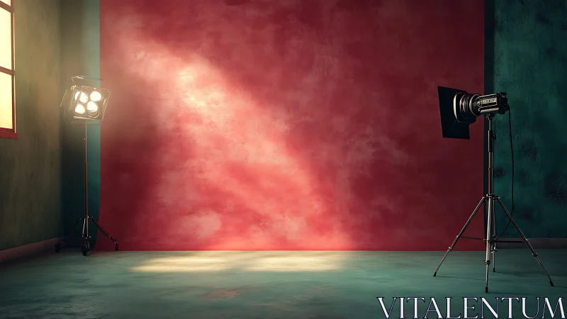 Studio interior with red backdrop and side lighting setup.