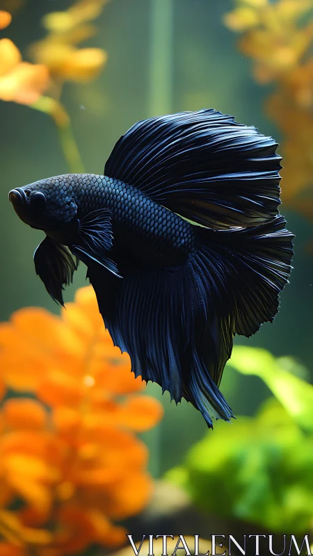 Midnight betta fish glides elegantly through glowing aqua