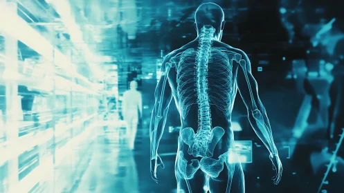 Glowing digital spine walking through a futuristic lab corridor.