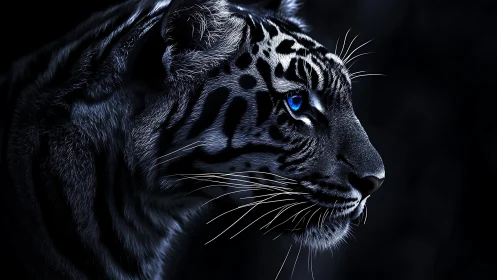 Profile view of blue eyed tiger against dark background.