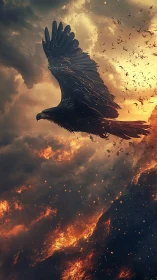 Majestic raptor gliding above volcanic firestorm sky