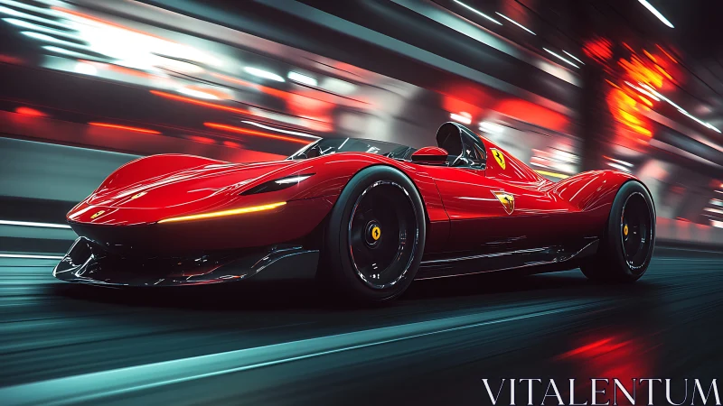 Sleek red hypercar races through neon tunnel at full speed