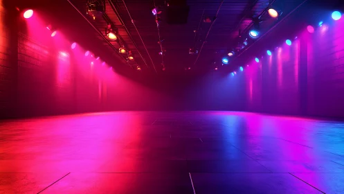 Vibrant neon event hall glows with immersive stage lighting