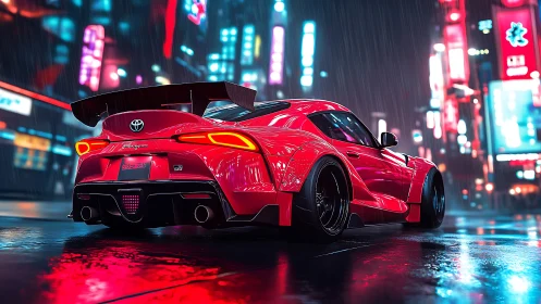 Toyota Supra glows in neon-soaked cyberpunk city streets.