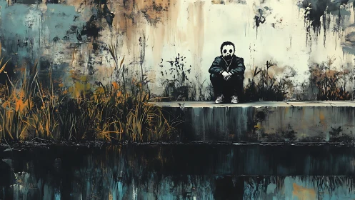 Lonely masked figure finds quiet reflection by an urban canal