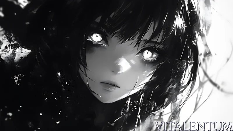 Monochrome anime portrait isolates intense glowing eyes in void