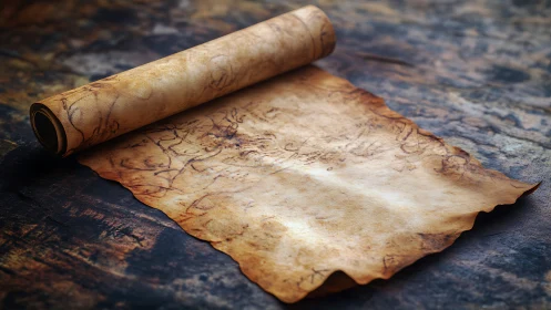 Photorealistic antique parchment scroll on textured surface.