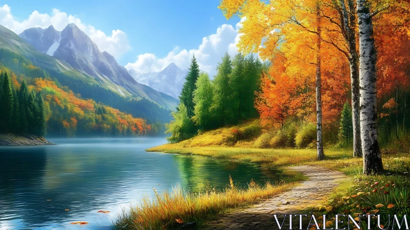 Lakeside mountain path framed by vivid autumn birch forest.