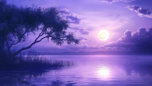 Violet moonrise over tranquil lake with silhouetted tree.