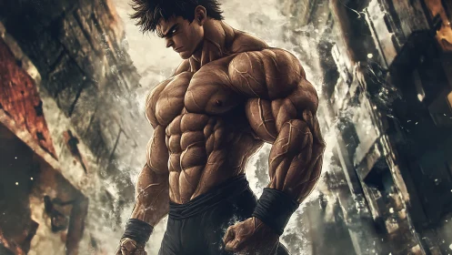 Titan-strong anime warrior broods in fractured city storm.