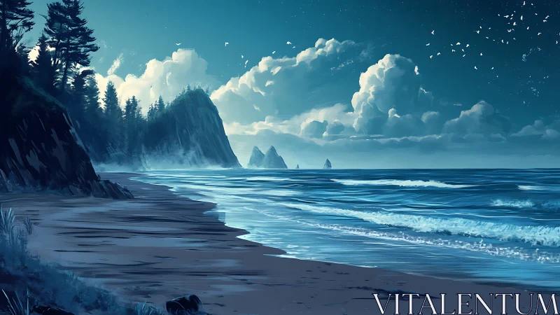Coastal shoreline with cliffs, forest, clouds, and waves at dusk.