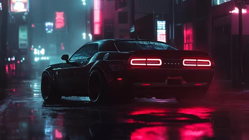 Neon storm muscle car idles in rain soaked cyber street.