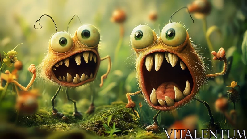 Furry wide eyed cartoon creatures in lush garden scene.