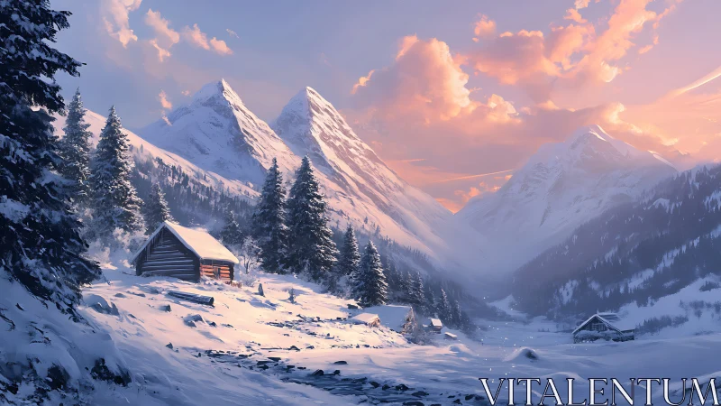 Snowy mountain valley holds warm cabin under sunrise glow