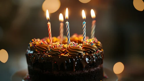 Chocolate birthday cake with lit candles and sprinkles.