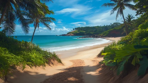 Tropical Beach Cove with Palm Trees and Turquoise Waters