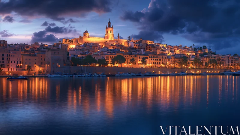 Coastal Mediterranean town glows over calm harbor at dusk