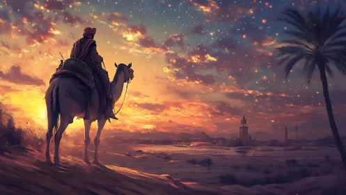 Desert rider observes glowing sunset sky above distant city