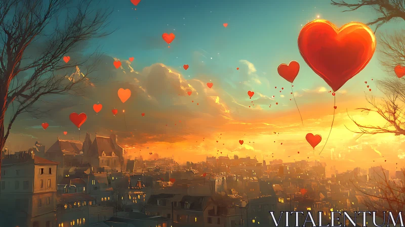 Urban landscape at sunset with suspended red heart formations.