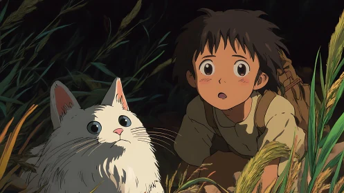 Boy and white cat crouch together in tall grass at night