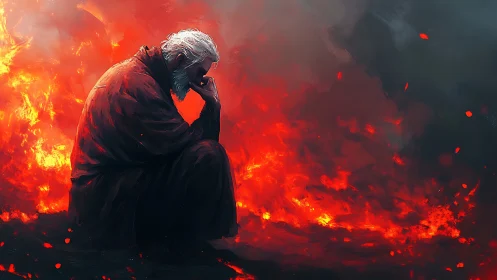 Solitary robed elder in contemplative pose amid infernal blaze
