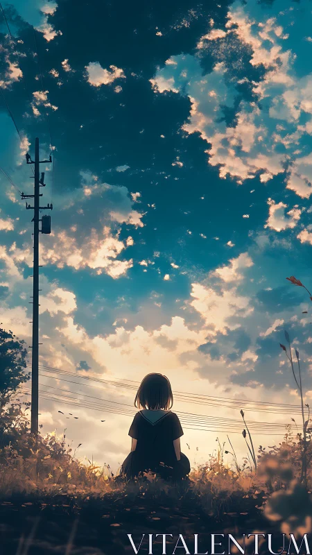 Backlit anime silhouette under expansive twilight cloudfield.