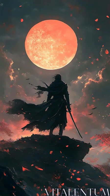Figure with sword stands on rocky height before large red moon