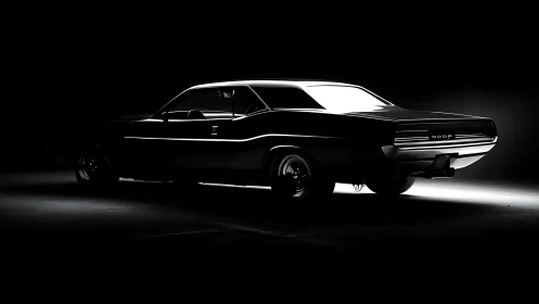 Classic black muscle car silhouette isolated in dark studio