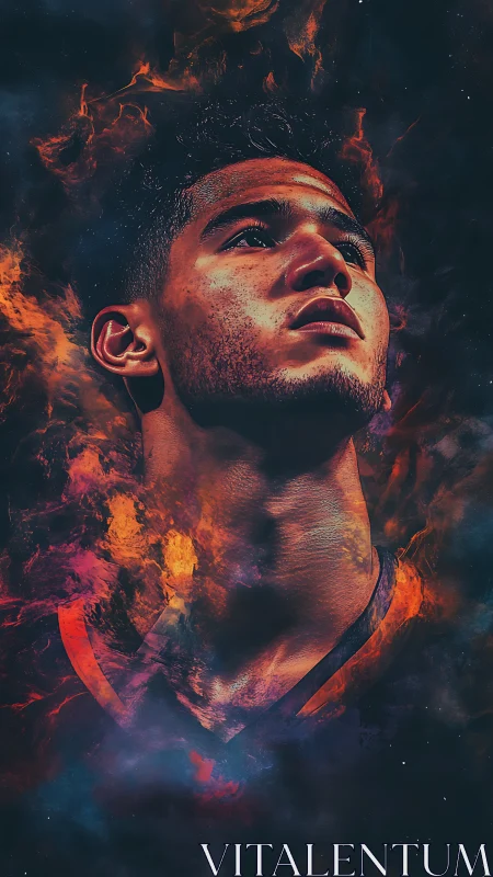 Fiery portrait of a determined dreamer glowing in cosmic color.