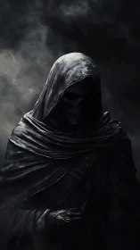 Hooded grim reaper emerges from shadowy misted darkness.