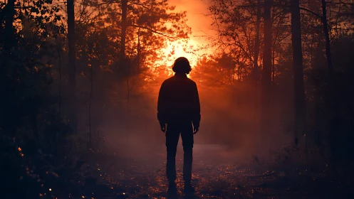 Silhouetted figure on forest path against dense orange light.