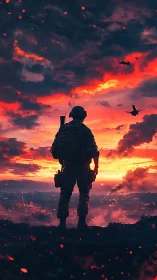 Lone soldier crowns a burning skyline beneath war-torn dusk.
