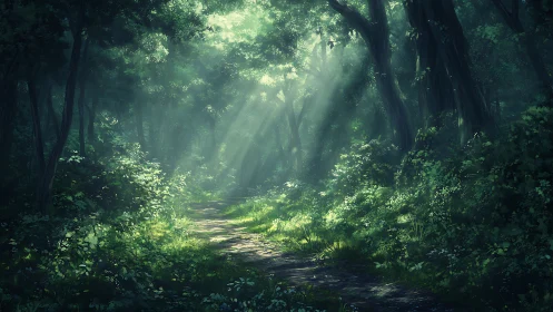 Forest Path with Atmospheric Light Rays Through Canopy