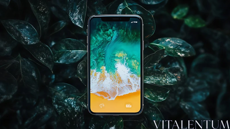 Smartphone Displaying Aerial Beach Scene Among Foliage.