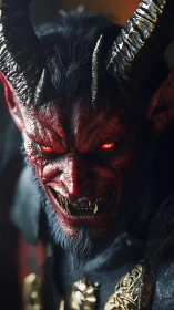 Demonic horned creature close-up with glowing eyes and fangs.