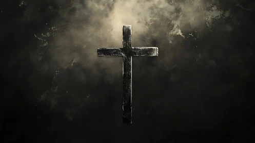 Weathered metallic cross suspended in dramatic chiaroscuro.