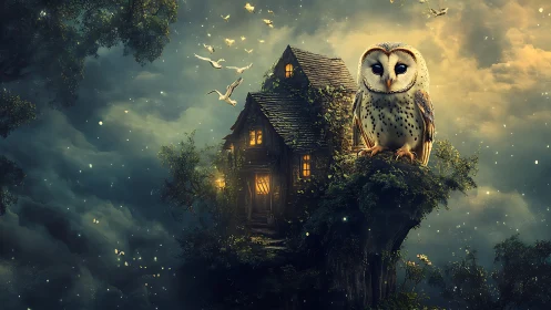 Moonlit owl sentinel above a cliffside cottage of secrets.