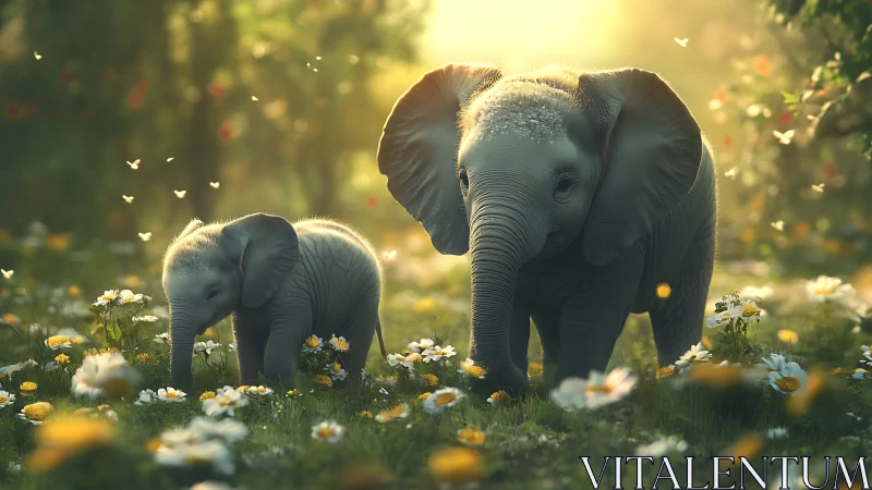Gentle baby elephants wandering through sunlit meadow.
