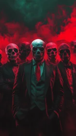 Digital painting of skull-masked syndicate in neon smoke tableau.