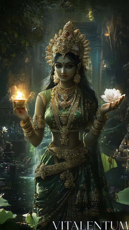 Regal goddess figure holding diya and lotus in forest shrine.