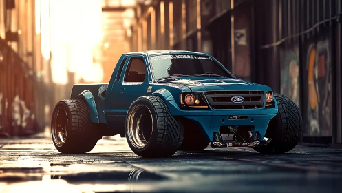 Bold blue street truck soaking up golden evening light.