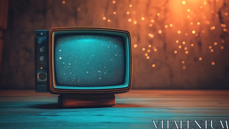 Retro television with cosmic static under warm bokeh glow.