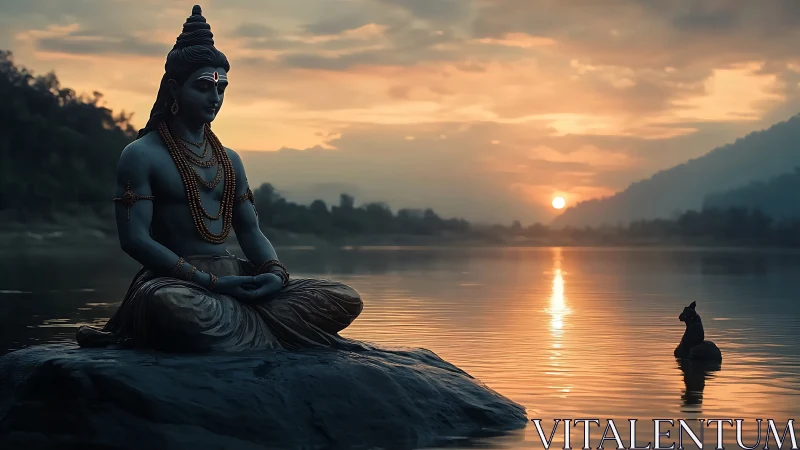 Riverstone Shiva meditates beneath a quiet embered sunrise.