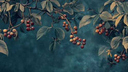 Fruit-bearing branches against muted teal textured backdrop.