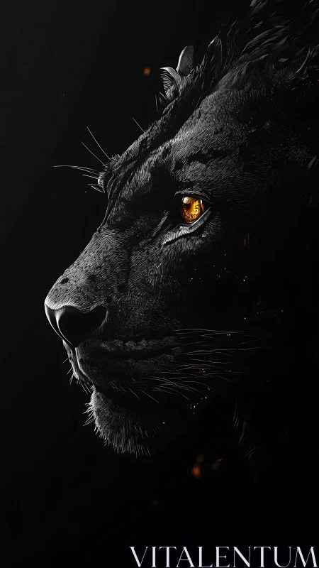 Digital painting profile of black panther with ember-lit gaze.