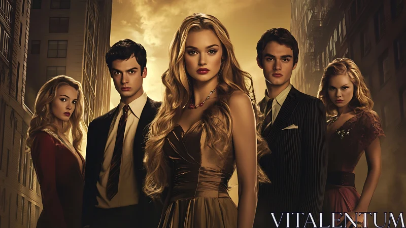 Gilded city heirs pose beneath a simmering twilight sky