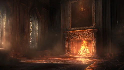 Ornate Cathedral Interior with Blazing Fireplace Illumination