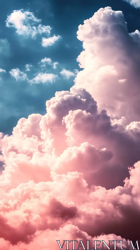 Vertical frame shows dense pink clouds against teal sky